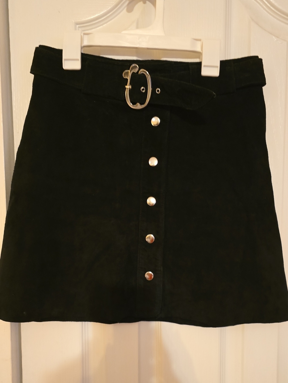 Zara Black Genuine Suede Leather Belted Button Front Mini Skirt S